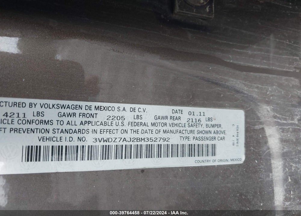2011 VOLKSWAGEN JETTA 2.5L SE VIN: 3VWDZ7AJ2BM352792