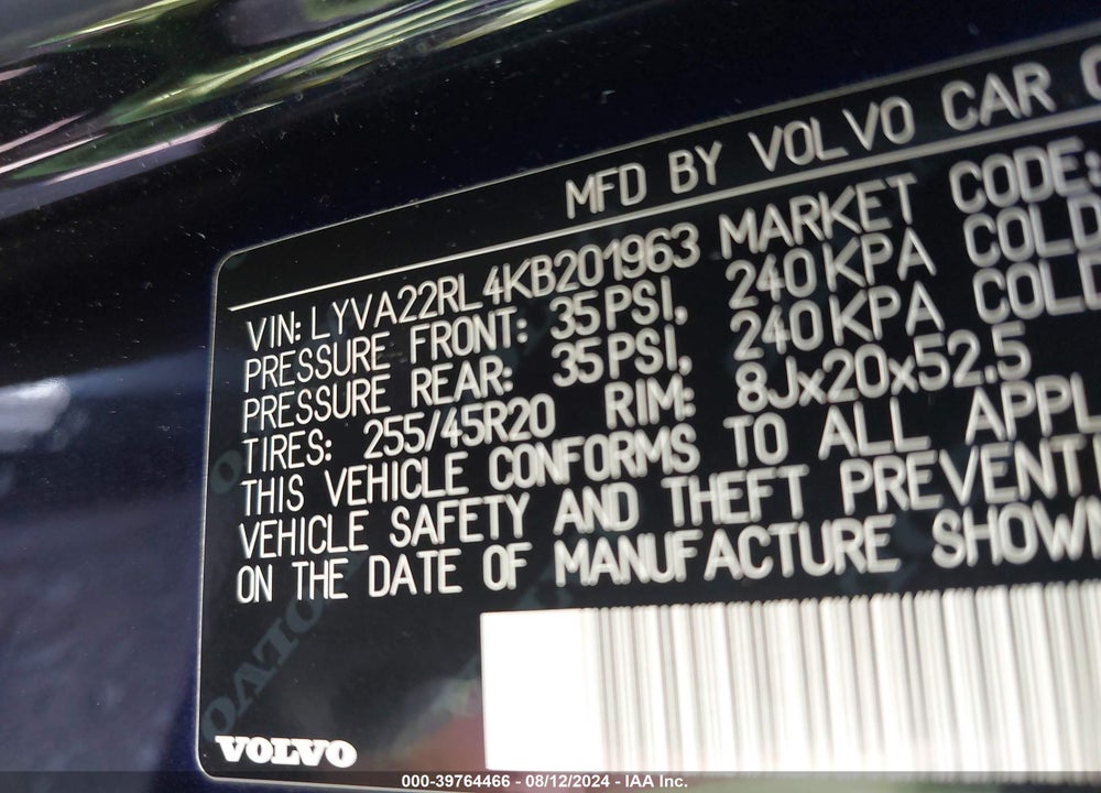 2019 VOLVO XC60 T6 INSCRIPTION VIN: LYVA22RL4KB201963