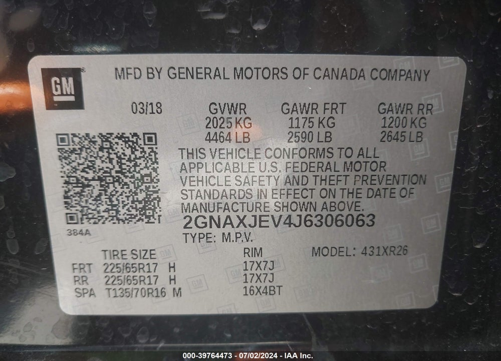 2018 CHEVROLET EQUINOX LT VIN: 2GNAXJEV4J6306063