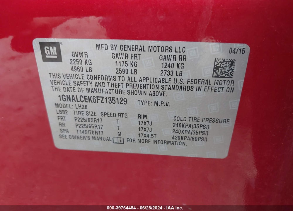 2015 CHEVROLET EQUINOX 2LT VIN: 1GNALCEK6FZ135129