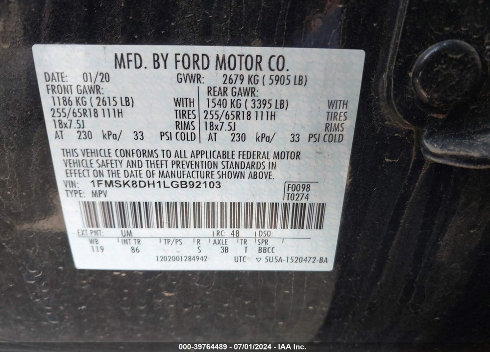 2020 FORD EXPLORER XLT VIN: 1FMSK8DH1LGB92103