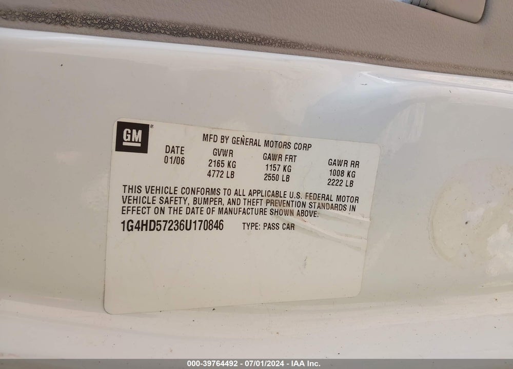 2006 BUICK LUCERNE CXL VIN: 1G4HD57236U170846