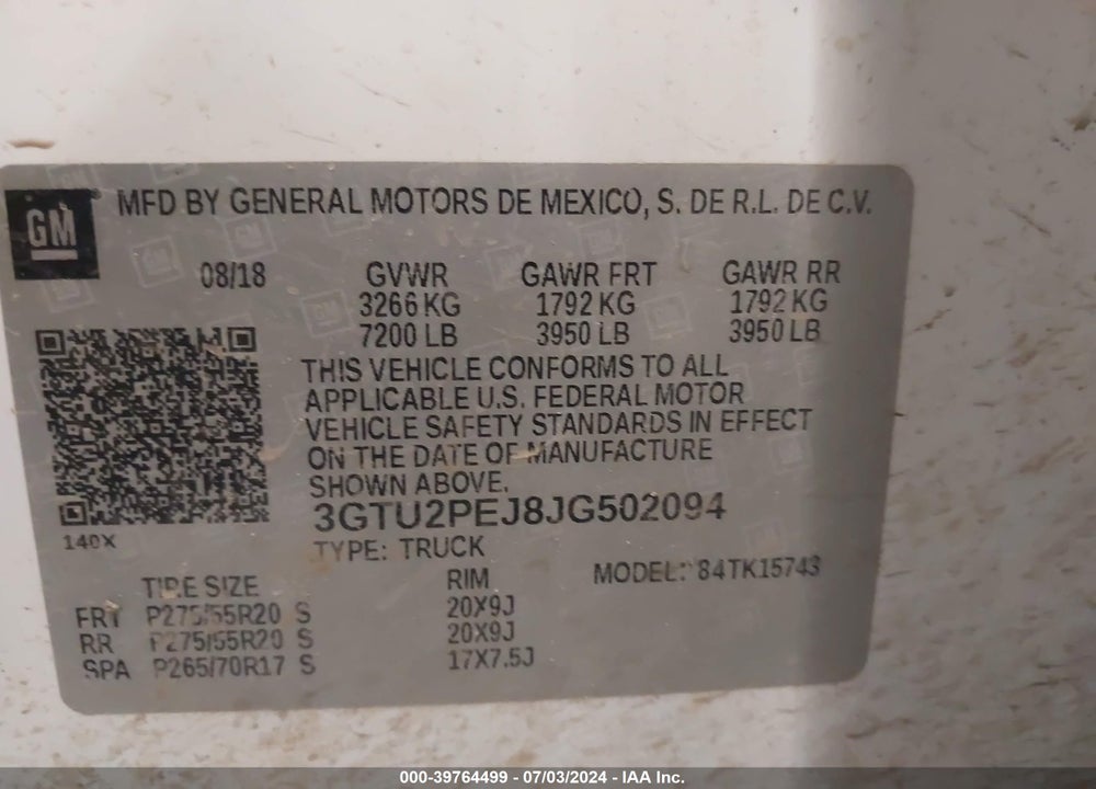 2018 GMC SIERRA 1500 DENALI VIN: 3GTU2PEJ8JG502094
