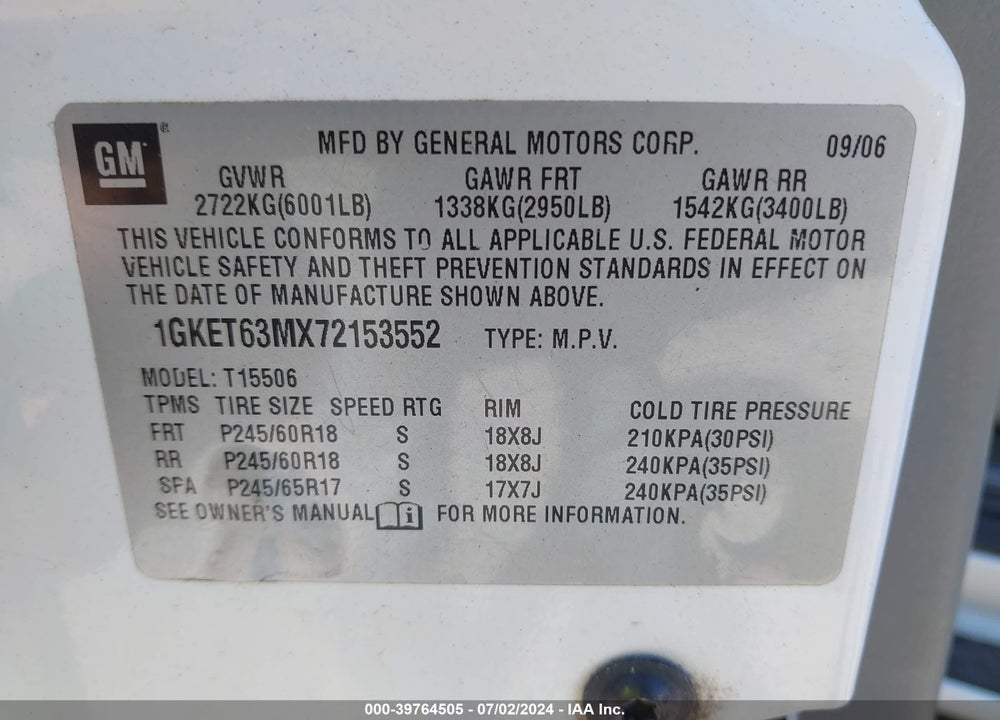 2007 GMC ENVOY DENALI VIN: 1GKET63MX72153552