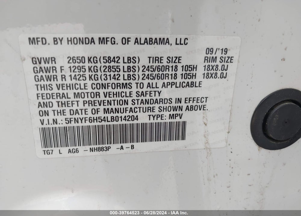 2020 HONDA PILOT AWD EX-L VIN: 5FNYF6H54LB014204