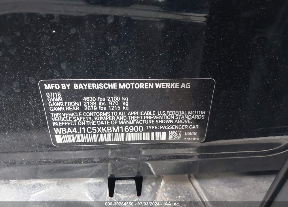 2019 BMW 430I GRAN COUPE VIN: WBA4J1C5XKBM16900