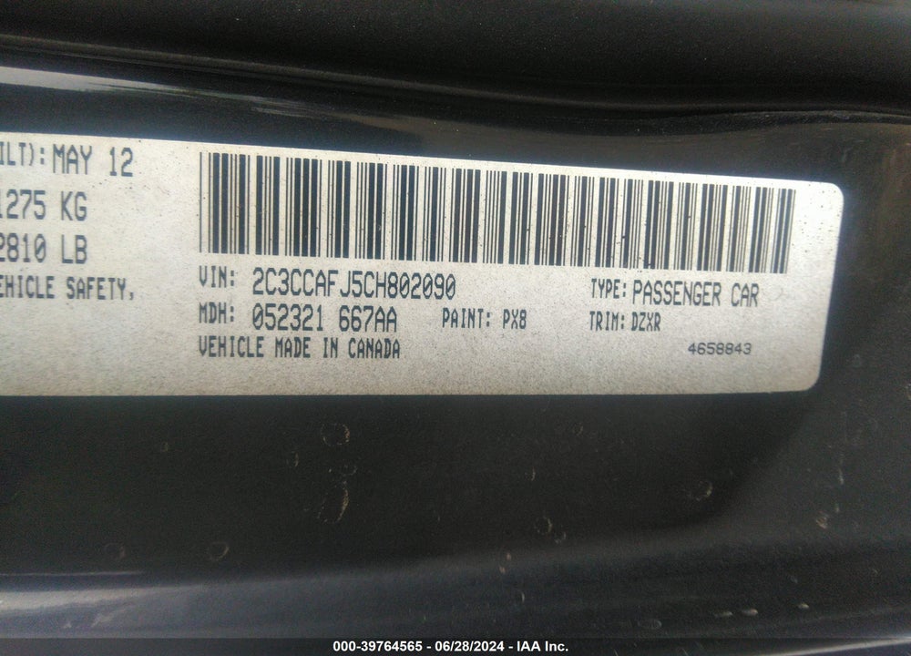 2012 CHRYSLER 300 VIN: 2C3CCAFJ5CH802090