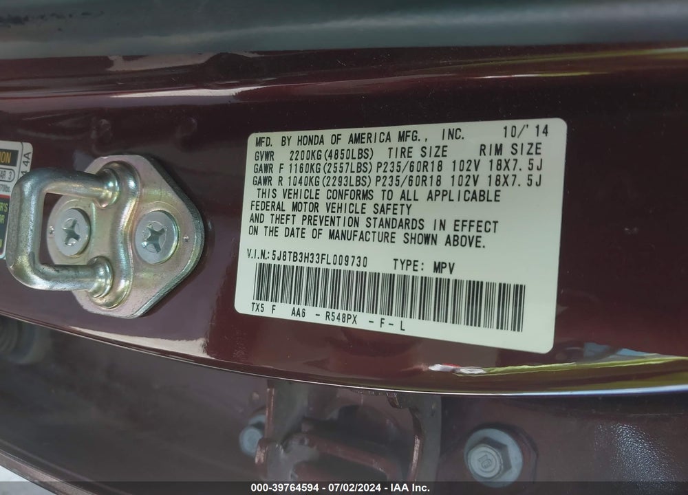 2015 ACURA RDX VIN: 5J8TB3H33FL009730