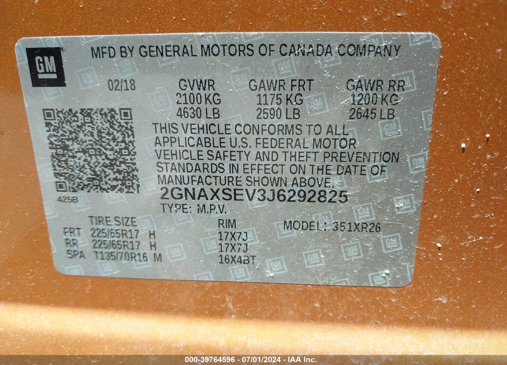 2018 CHEVROLET EQUINOX LT VIN: 2GNAXSEV3J6292825
