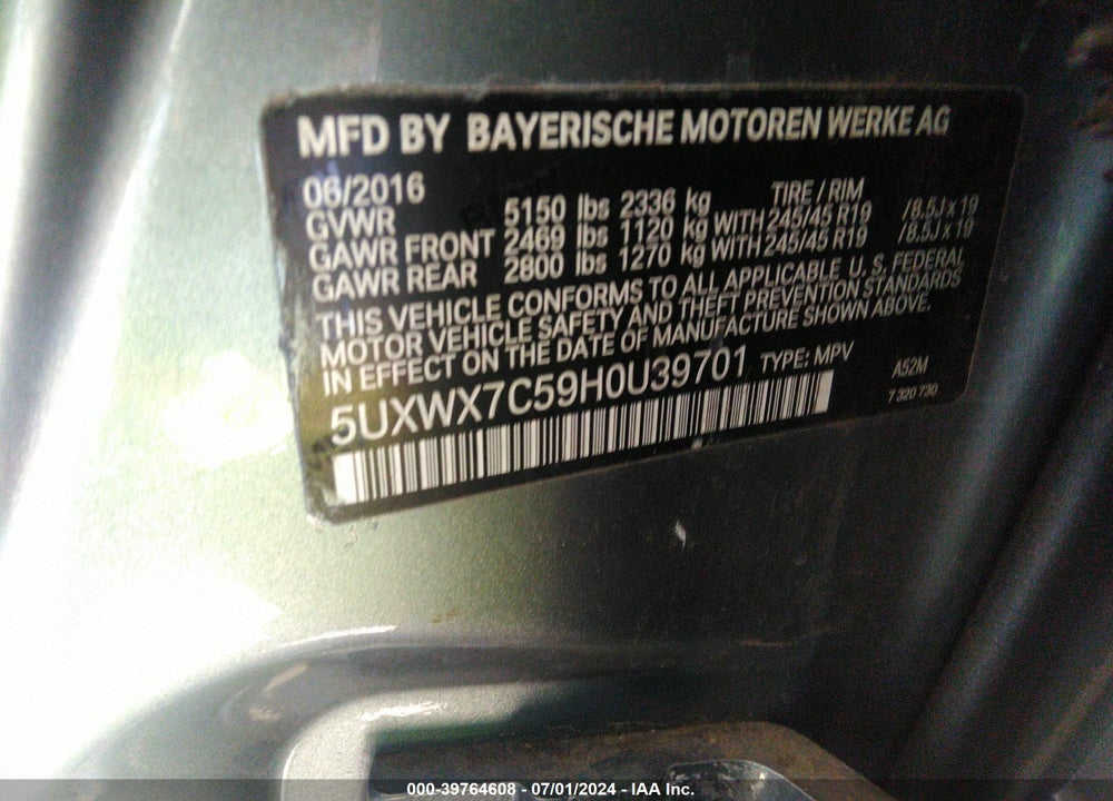 2017 BMW X3 XDRIVE35I VIN: 5UXWX7C59H0U39701
