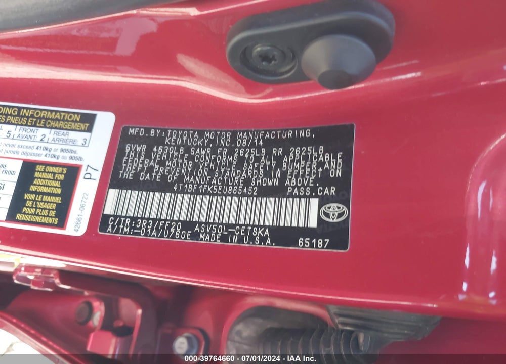 2014 TOYOTA CAMRY SE VIN: 4T1BF1FK5EU865452