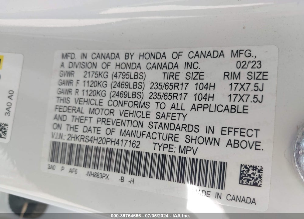 2023 HONDA CR-V LX AWD VIN: 2HKRS4H20PH417162