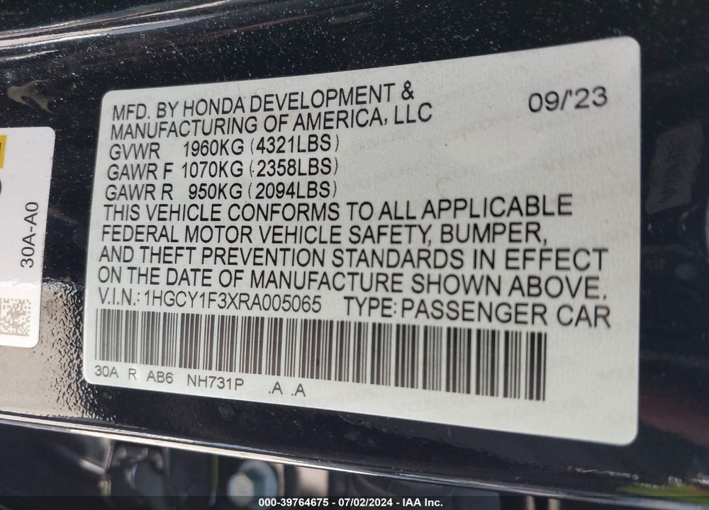 2024 HONDA ACCORD EX VIN: 1HGCY1F3XRA005065