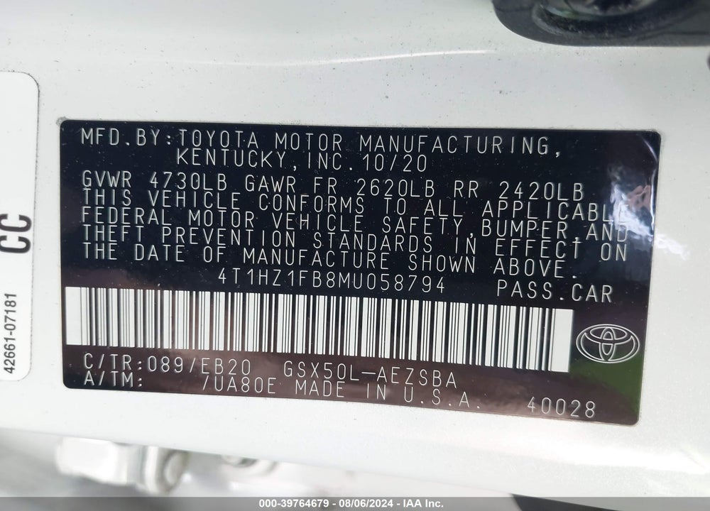 2021 TOYOTA AVALON TOURING VIN: 4T1HZ1FB8MU058794