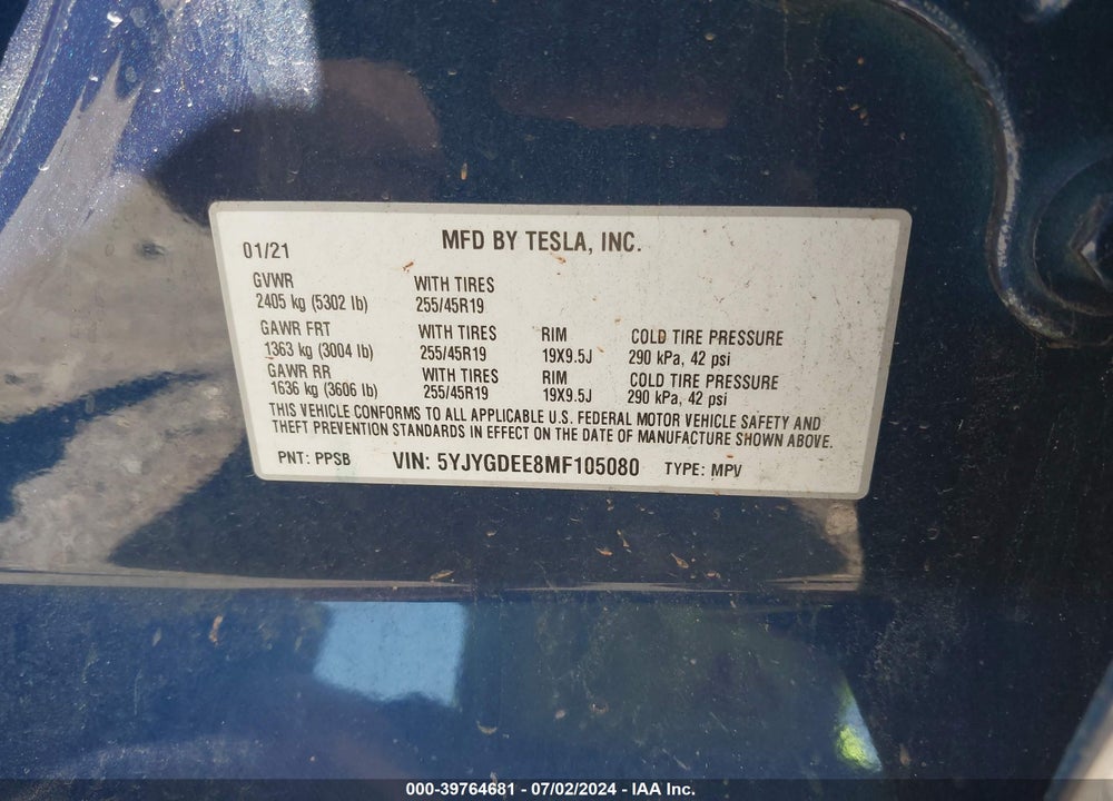 2021 TESLA MODEL Y LONG RANGE DUAL MOTOR ALL-WHEEL DRIVE VIN: 5YJYGDEE8MF105080
