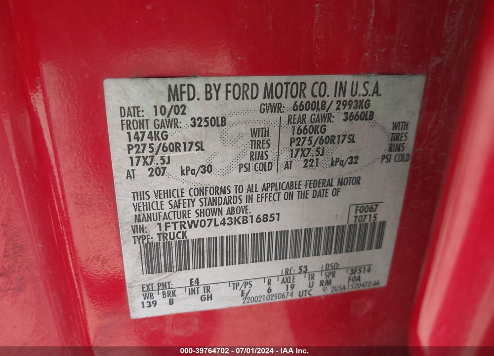 2003 FORD F-150 LARIAT/XLT VIN: 1FTRW07L43KB16851