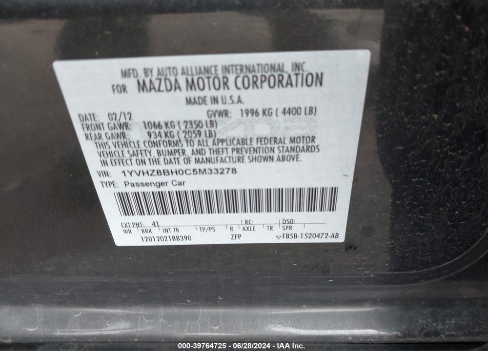 2012 MAZDA 6 I SPORT VIN: 1YVHZ8BH0C5M33278
