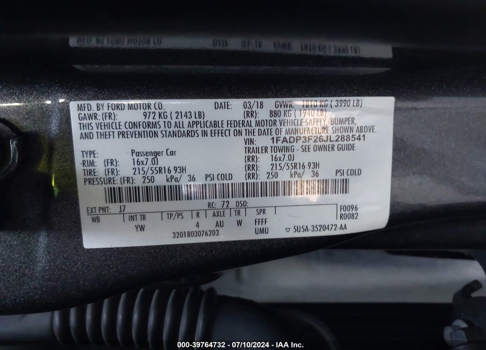 2018 FORD FOCUS SE VIN: 1FADP3F26JL288541