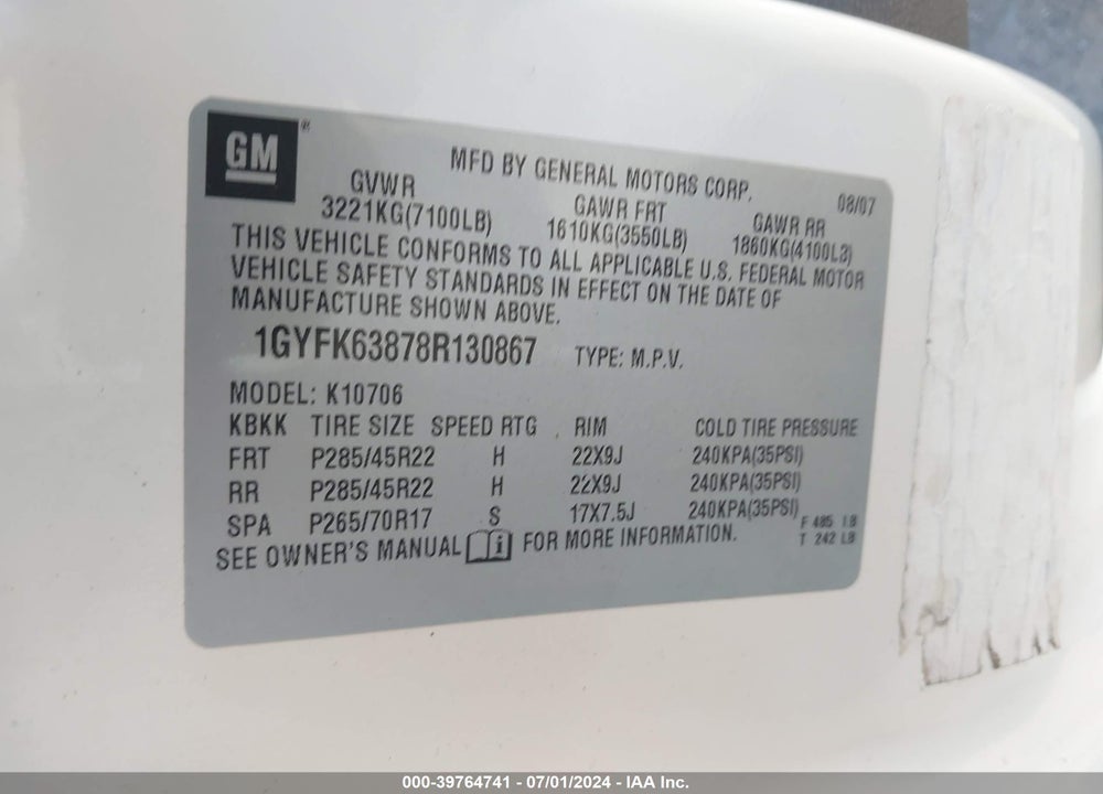 2008 CADILLAC ESCALADE STANDARD VIN: 1GYFK63878R130867