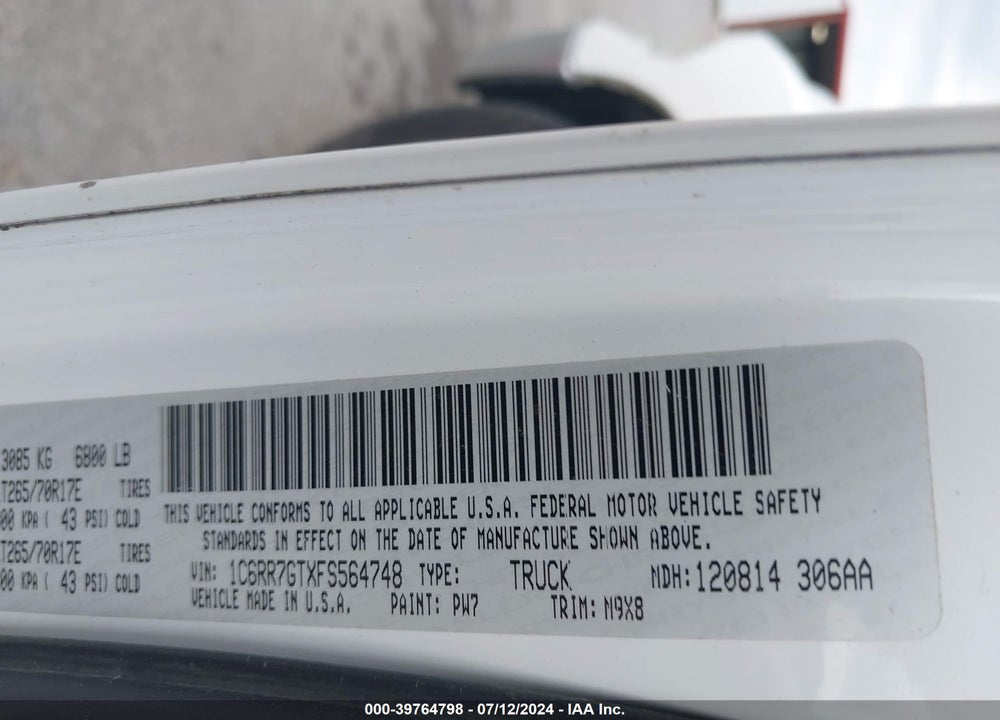 2015 RAM 1500 SLT VIN: 1C6RR7GTXFS564748