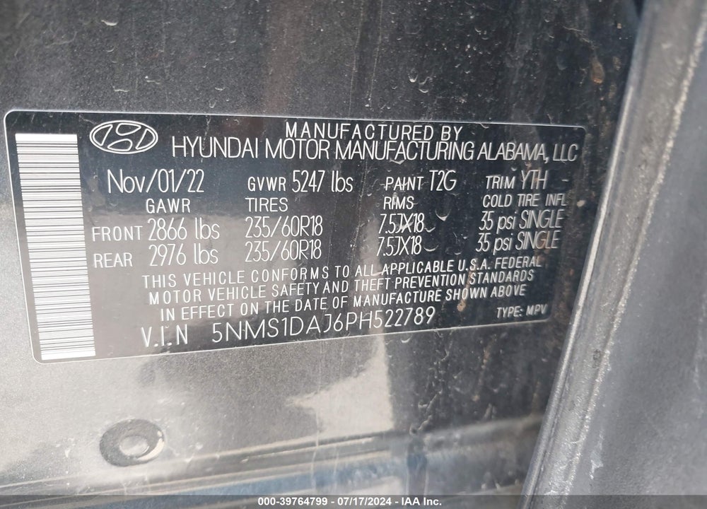2023 HYUNDAI SANTA FE SE VIN: 5NMS1DAJ6PH522789