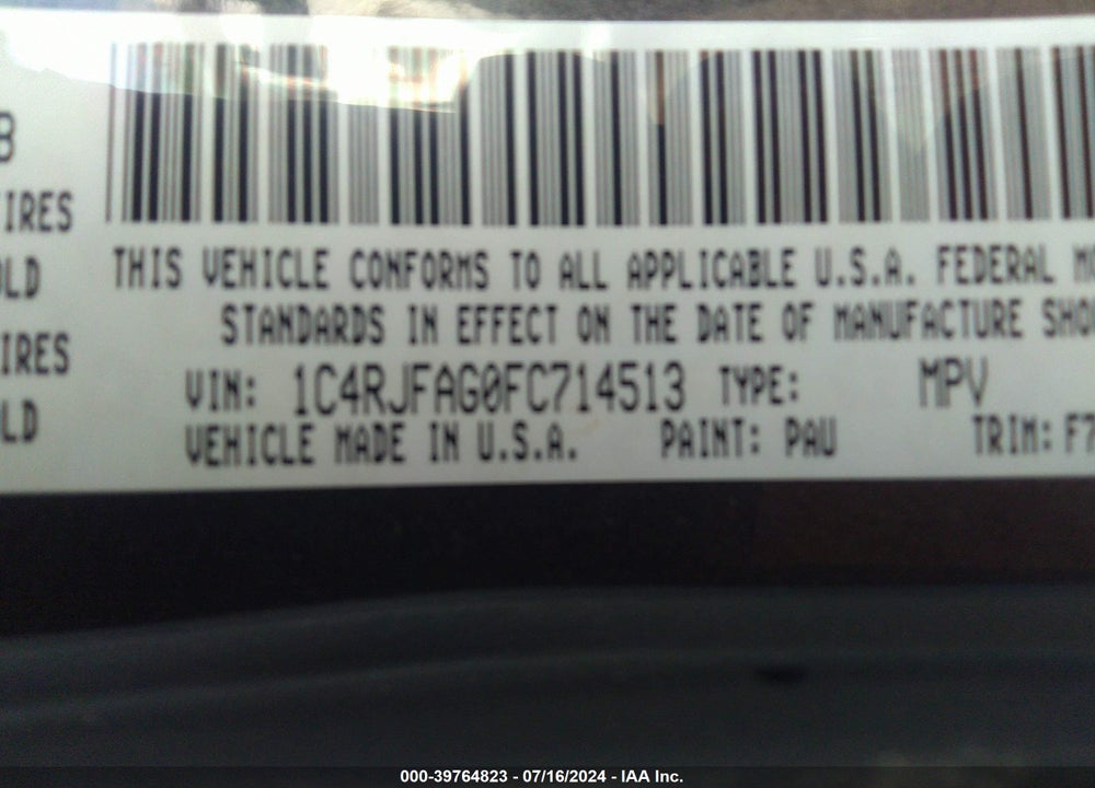 2015 JEEP GRAND CHEROKEE LAREDO VIN: 1C4RJFAG0FC714513