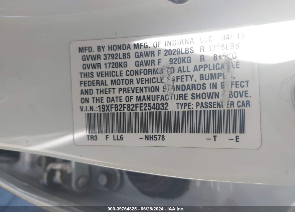 2015 HONDA CIVIC EX VIN: 19XFB2F82FE254032