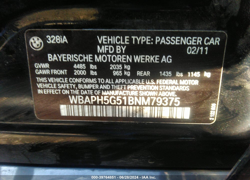 2011 BMW 328I VIN: WBAPH5G51BNM79375