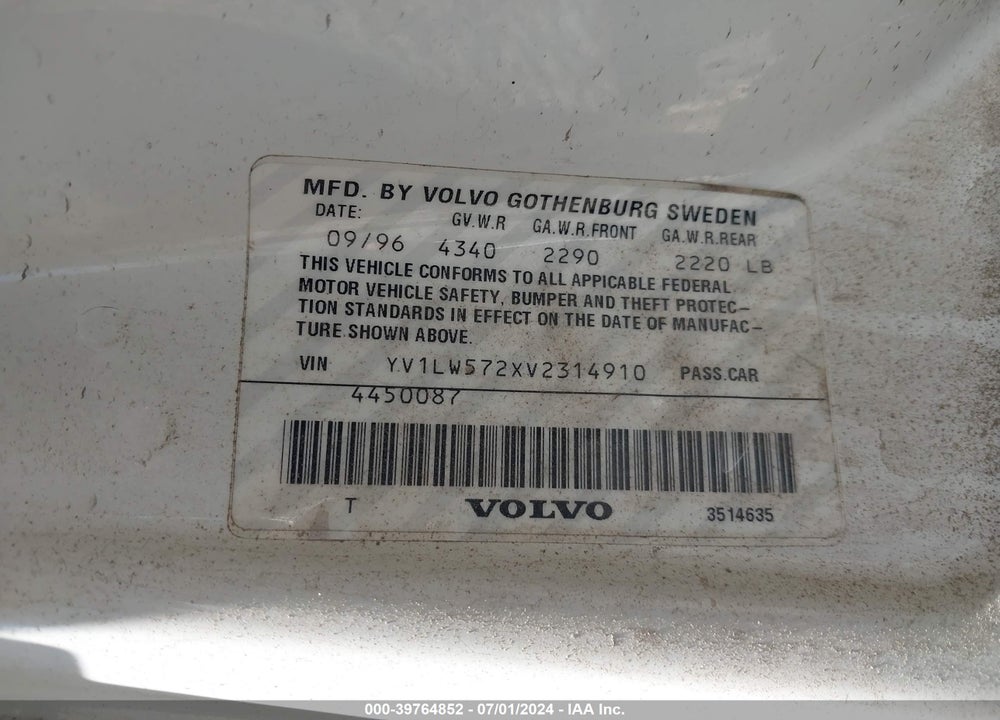 1997 VOLVO 850 T5 VIN: YV1LW572XV2314910