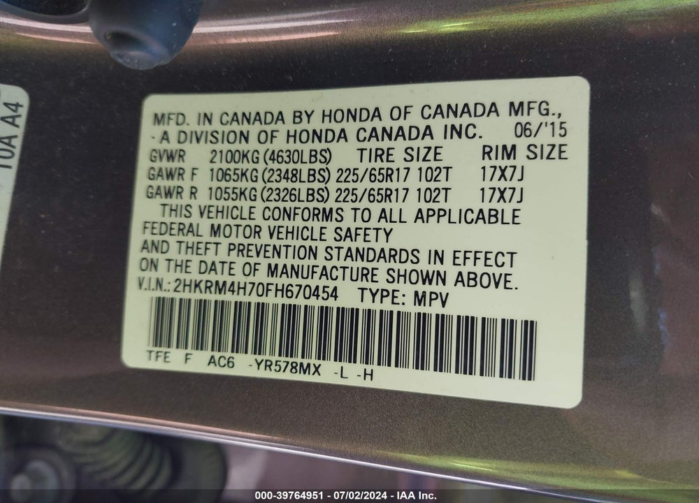 2015 HONDA CR-V EX-L VIN: 2HKRM4H70FH670454