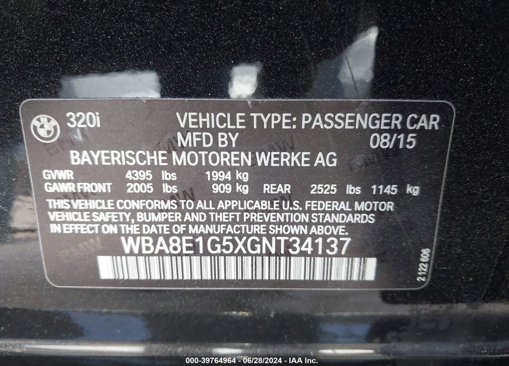2016 BMW 320I VIN: WBA8E1G5XGNT34137