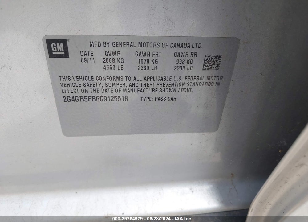 2012 BUICK REGAL VIN: 2G4GR5ER6C9125518