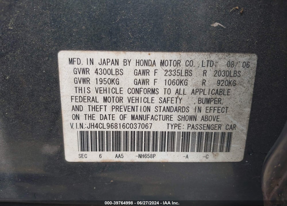 2006 ACURA TSX VIN: JH4CL96816C037067