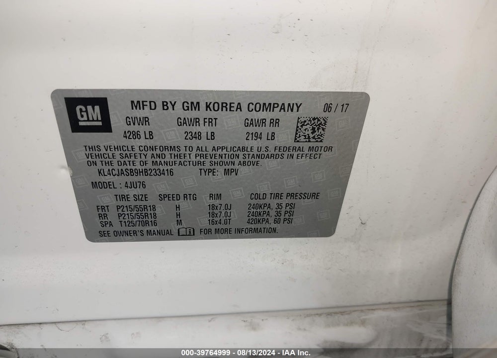 2017 BUICK ENCORE PREFERRED VIN: KL4CJASB9HB233416