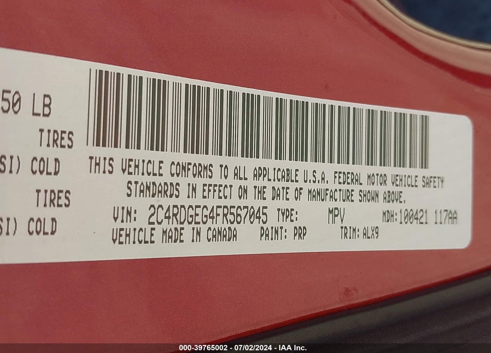 2015 DODGE GRAND CARAVAN R/T VIN: 2C4RDGEG4FR567045