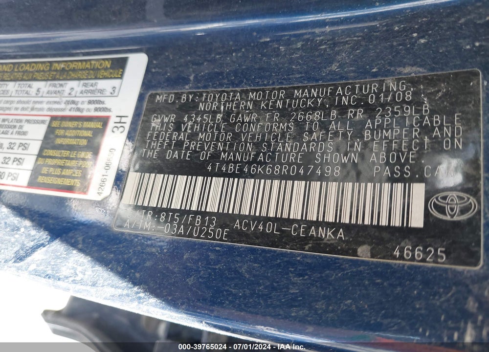 2008 TOYOTA CAMRY VIN: 4T4BE46K68R047498