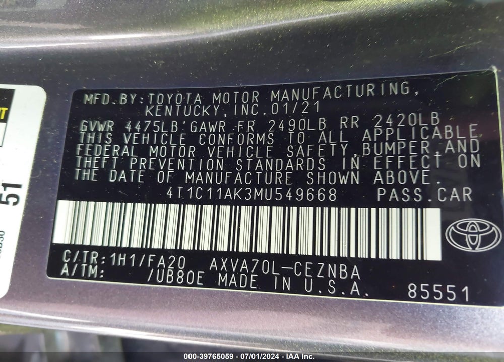 2021 TOYOTA CAMRY LE VIN: 4T1C11AK3MU549668