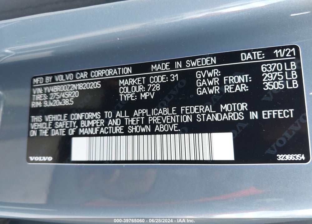 2022 VOLVO XC90 RECHARGE PLUG-IN HYBRID T8 INSCRIPTION EXPRESSION 6 PASSENGER VIN: YV4BR00Z2N1820205