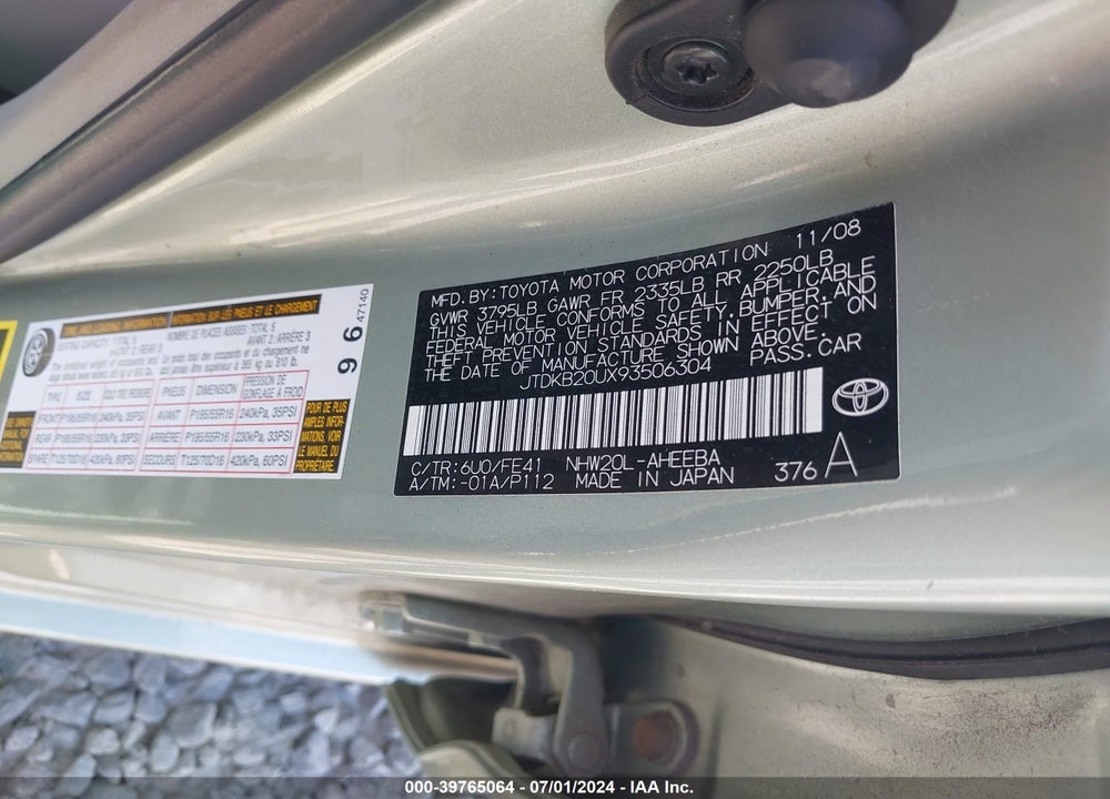 2009 TOYOTA PRIUS TOURING VIN: JTDKB20UX93506304