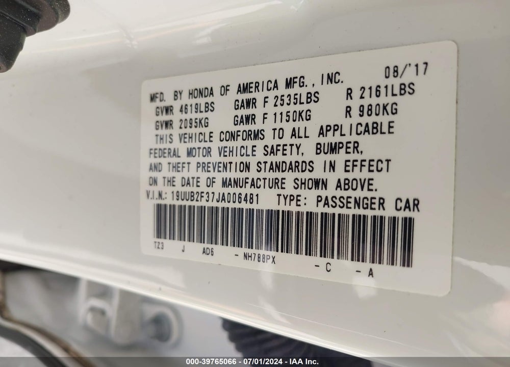 2018 ACURA TLX VIN: 19UUB2F37JA006481
