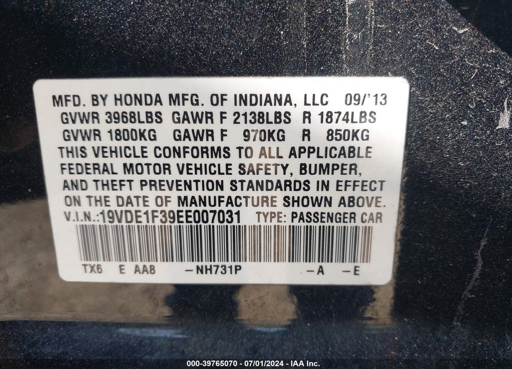 2014 ACURA ILX 2.0L VIN: 19VDE1F39EE007031
