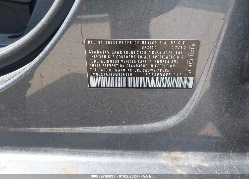 2013 VOLKSWAGEN JETTA 2.5L SE VIN: 3VWBX7AJ2DM355630