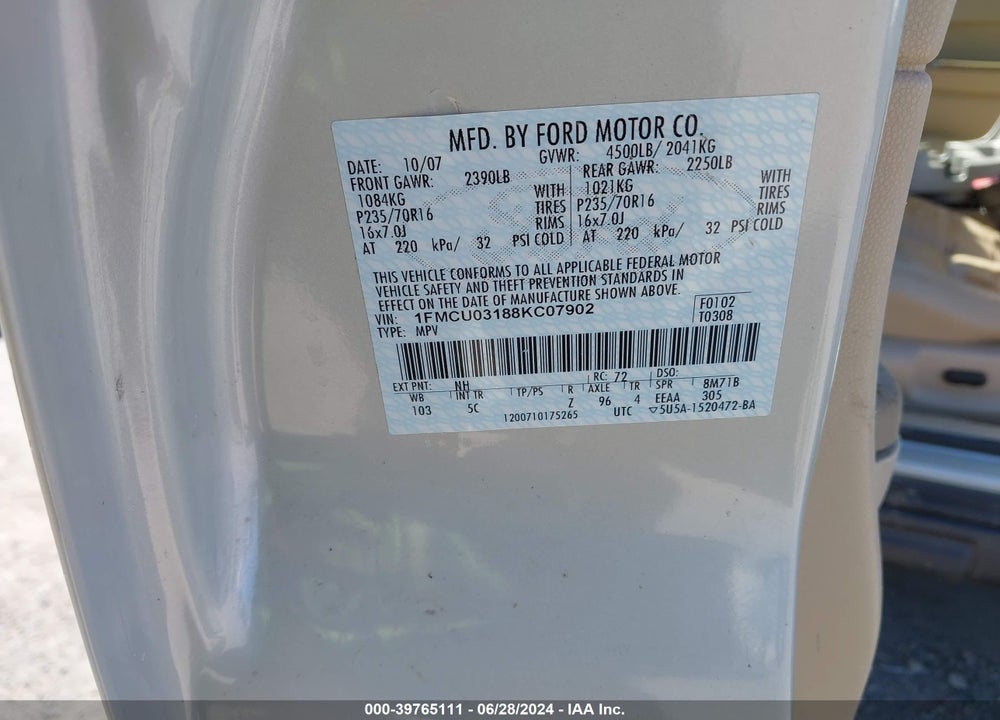 2008 FORD ESCAPE XLT VIN: 1FMCU03188KC07902