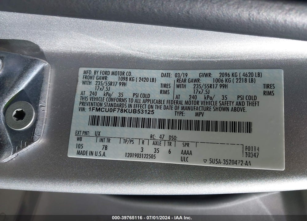 2019 FORD ESCAPE S VIN: 1FMCU0F78KUB53125