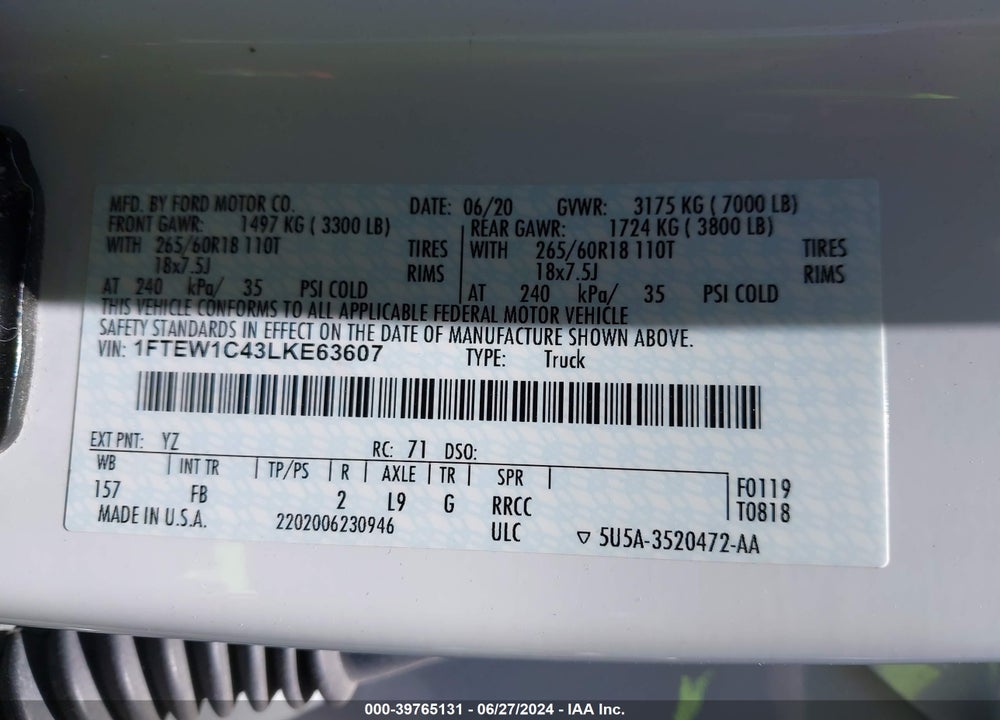 2020 FORD F150 SUPERCREW VIN: 1FTEW1C43LKE63607