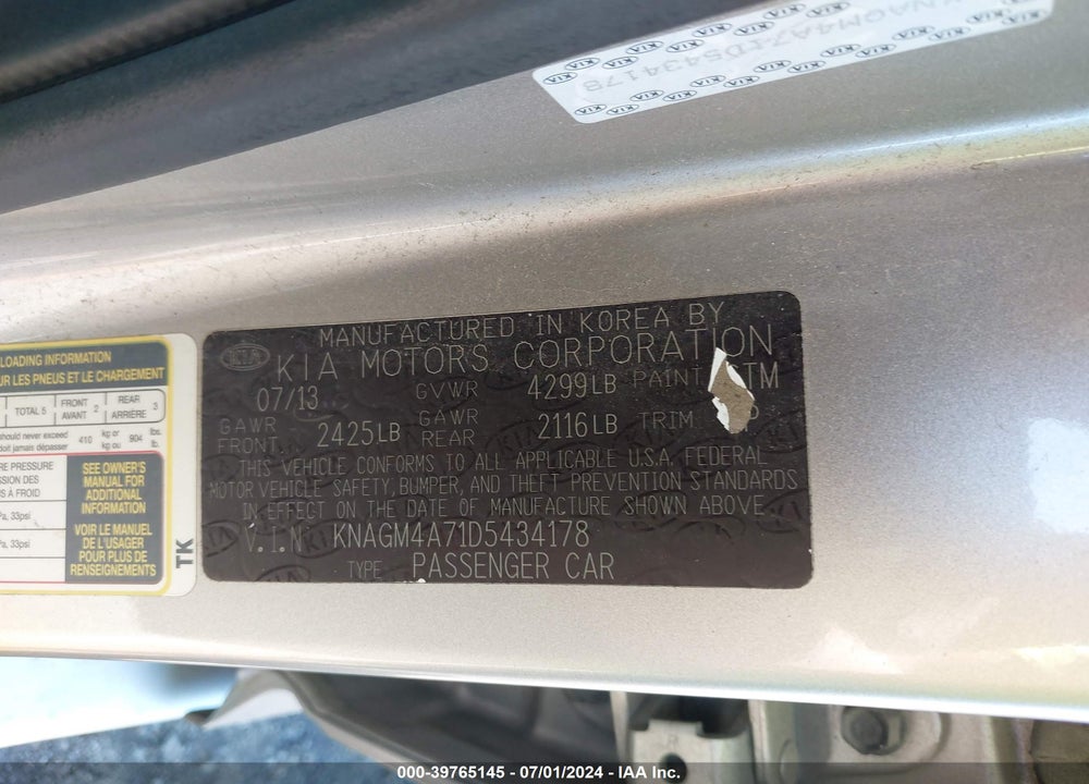 2013 KIA OPTIMA LX VIN: KNAGM4A71D5434178