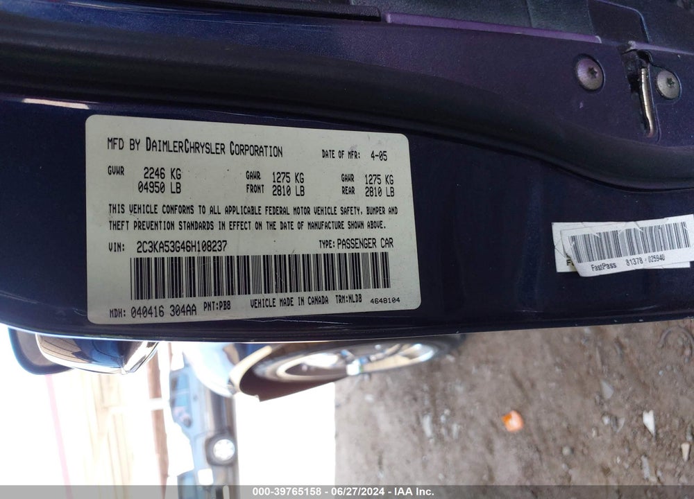 2006 CHRYSLER 300 TOURING VIN: 2C3KA53G46H108237