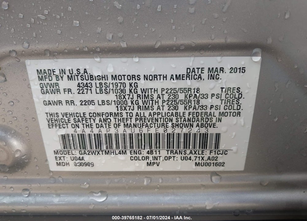2015 MITSUBISHI OUTLANDER SPORT ES VIN: 4A4AP3AU6FE027243