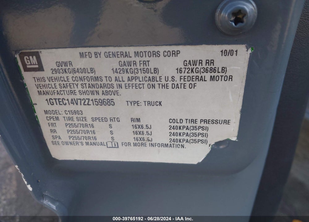 2002 GMC SIERRA 1500 SL VIN: 1GTEC14V72Z159685