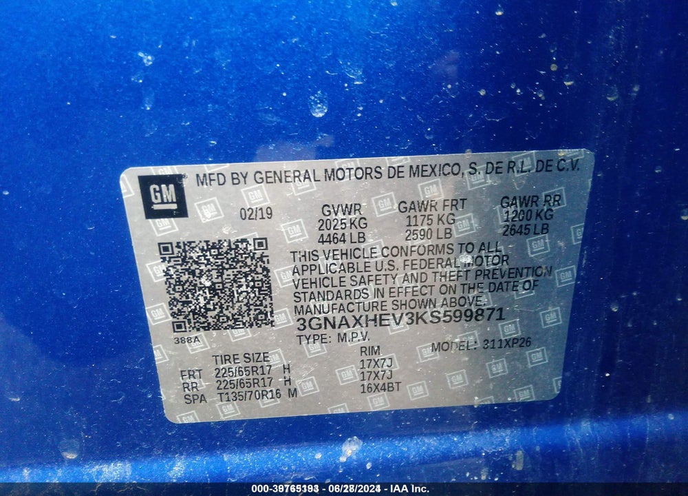 2019 CHEVROLET EQUINOX LS VIN: 3GNAXHEV3KS599871